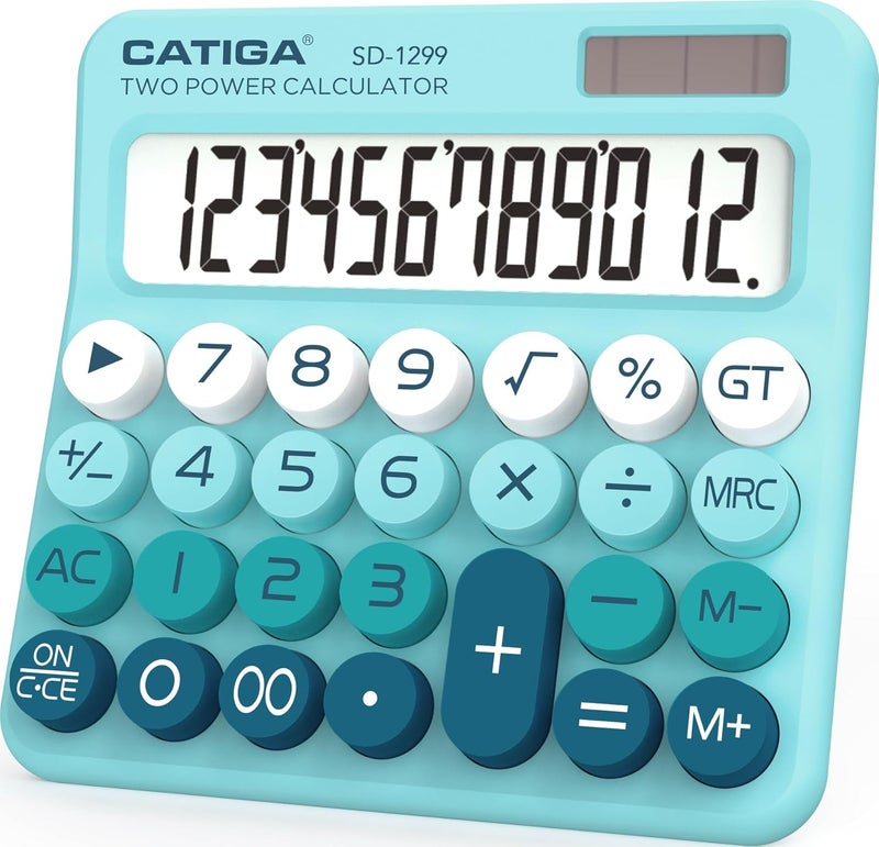 CATIGA Mechanical Switch Calculator with Solar and Battery Dual Power, 12-Digit Large LCD Display, Aesthetic and Cute Desktop Calculator with Big Button, for Home, School and Office Use, SD-1299 - Image 1